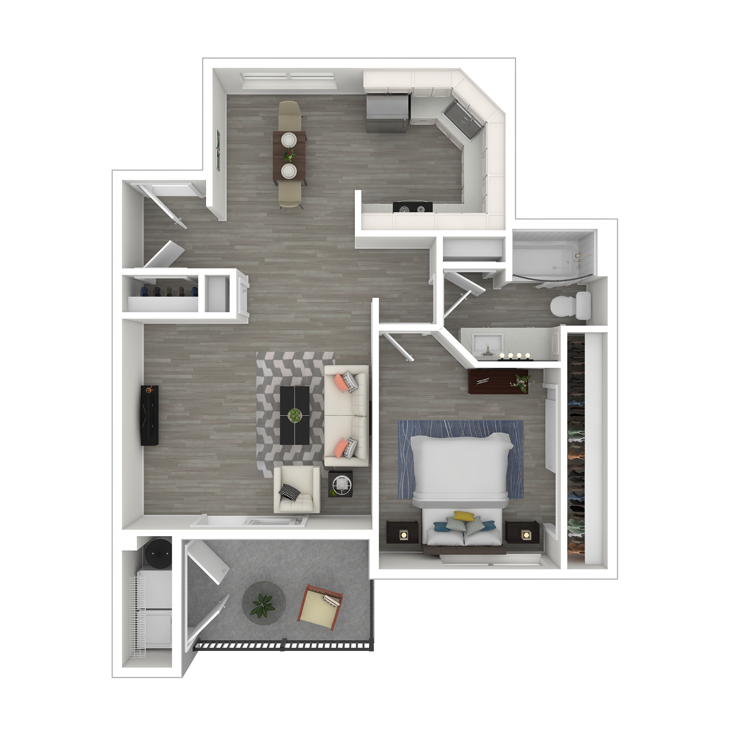Floor plan for 1 bed, 1 bath, 701 sqft